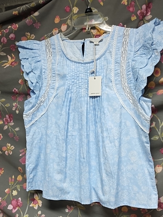 Jennifer & Grace Tops - Pastel Blue Ruffle Sleeve Pintuck Women's Blouse